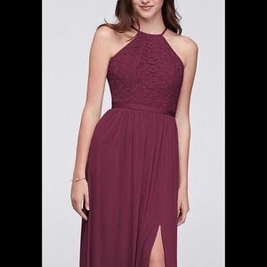 Wine Open-back Lace and Mesh Bridesmaid